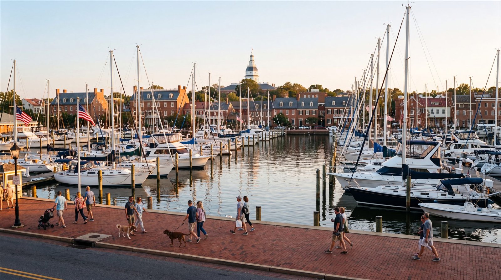 Annapolis, Maryland waterfront harbor at golden hour