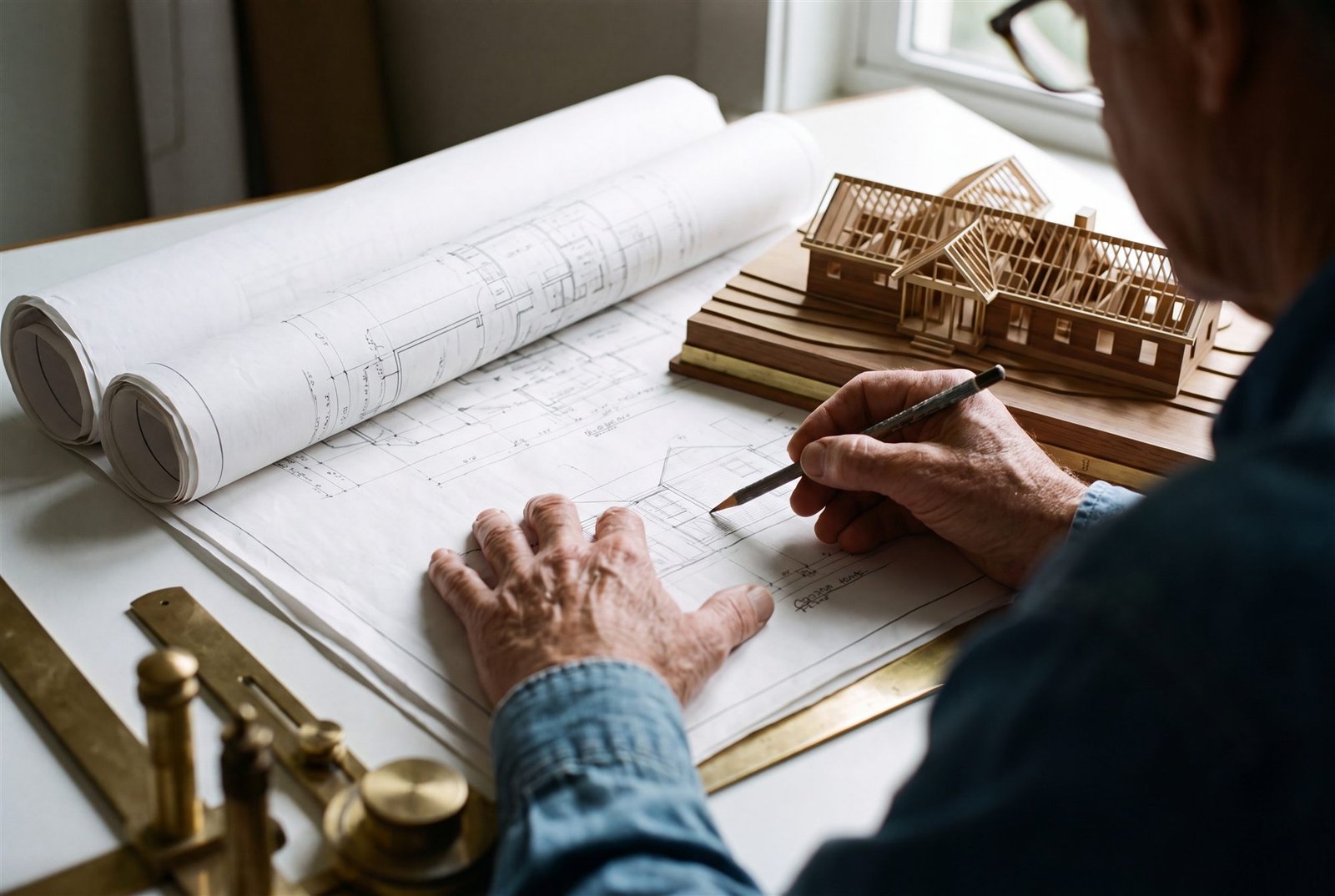 Architect reviewing hand-drafted blueprints beside a scale model of a custom home