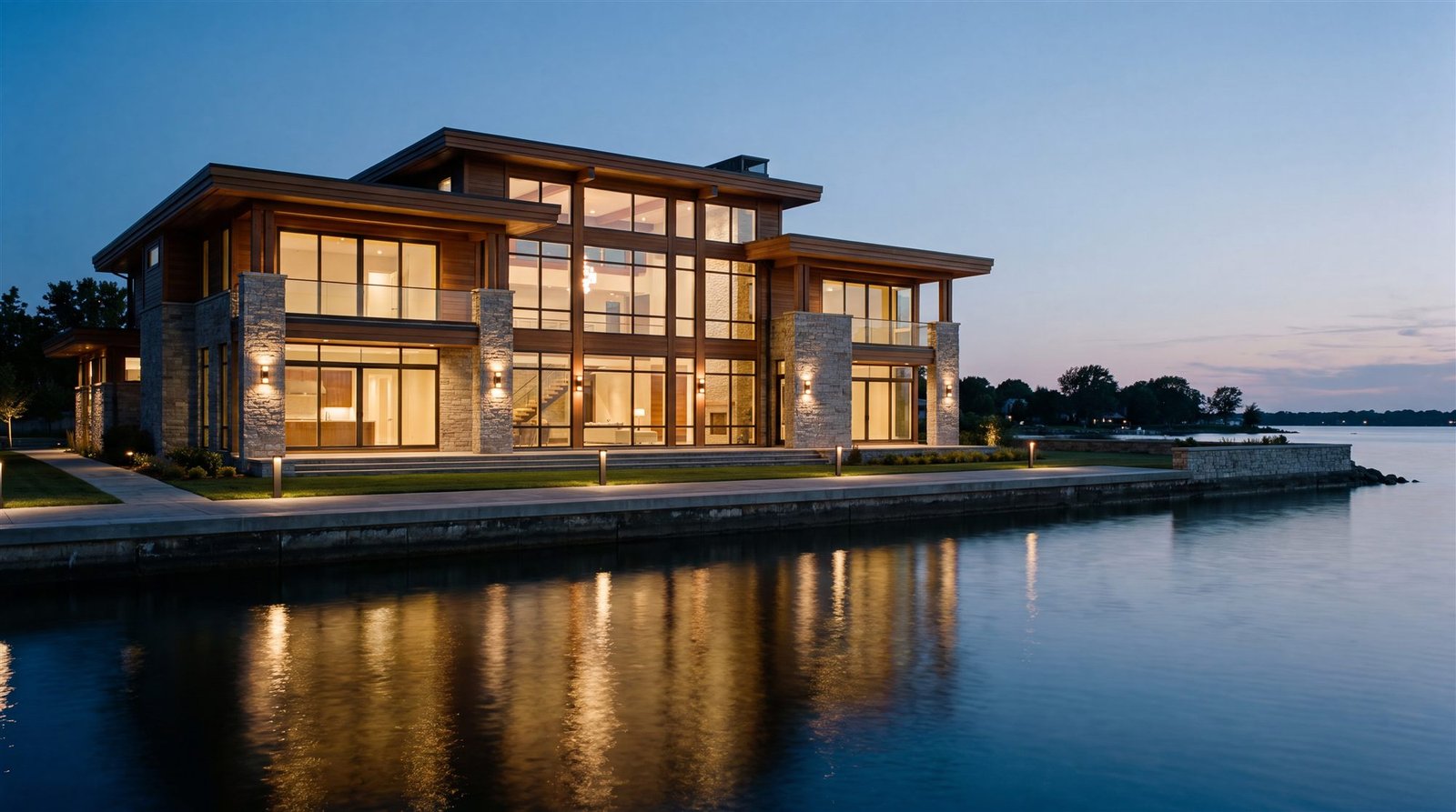 Custom-built waterfront estate glowing at twilight