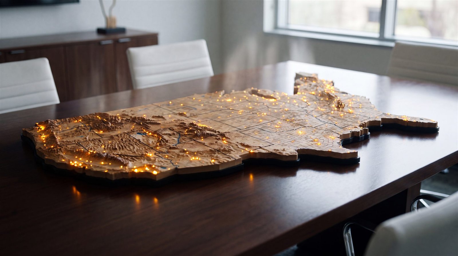 Illuminated relief map representing Oracle's county-by-county intelligence network