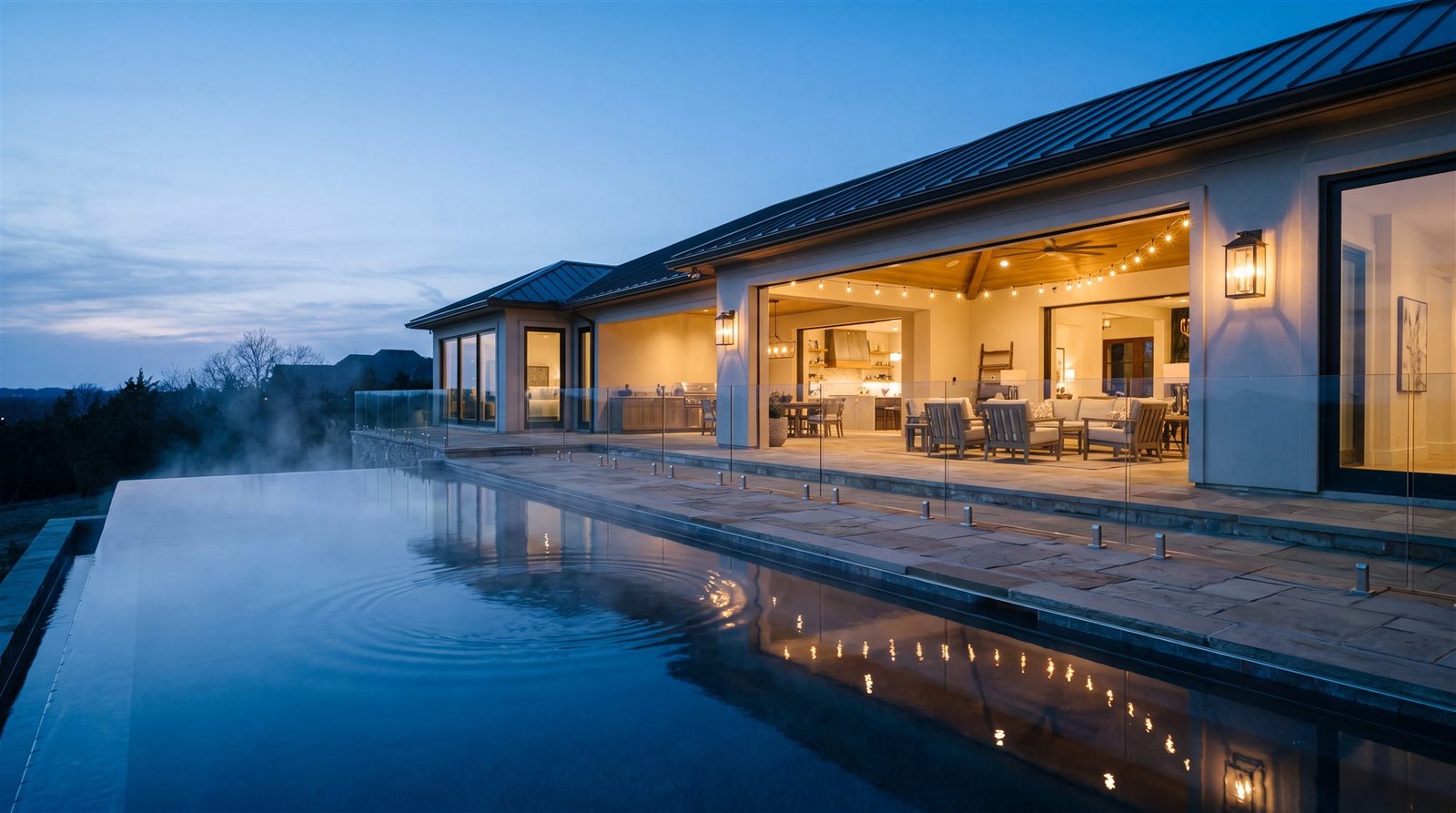 Infinity-edge pool at a custom-built estate at dusk